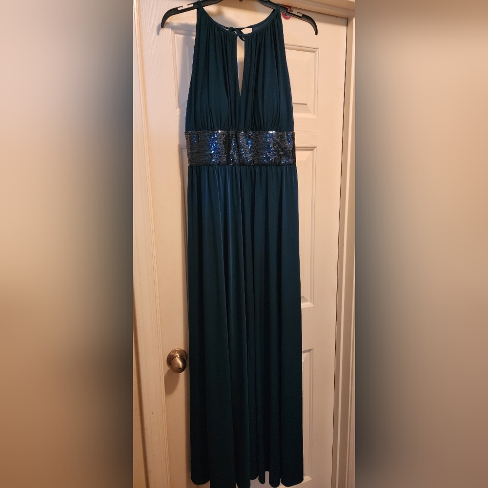 R&M Richard's glitter emerald green elegant sleeveless maxi dress with neck tie.